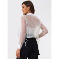 thumbnail image 4 of Blusa delantera con botones para mujer, dobladillo con lazo, cuello en punto, malla, camisa de manga larga transparente, top Blanco M, 4 of 6