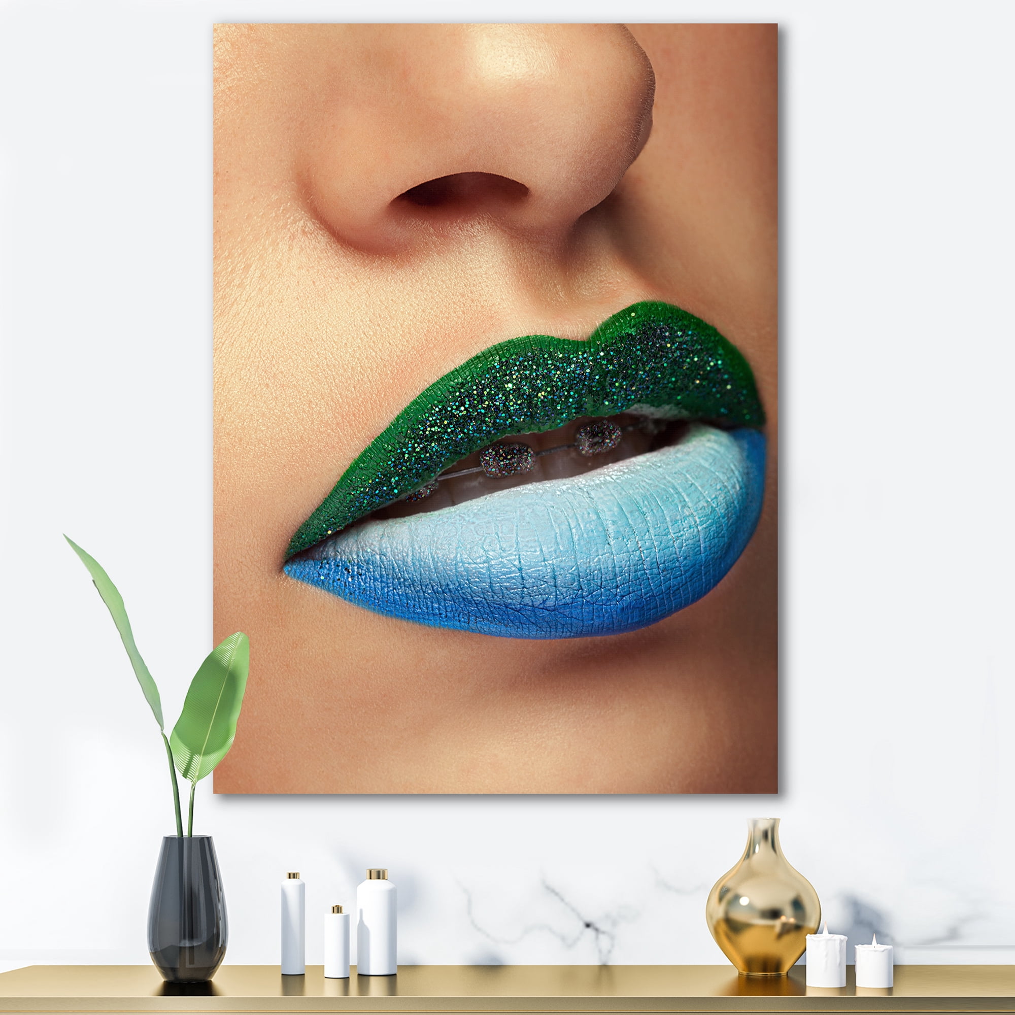 Designart ' Close Up Woman Lips With Fashion Make Up and Brackets ' Modern Canvas Wall Art Print