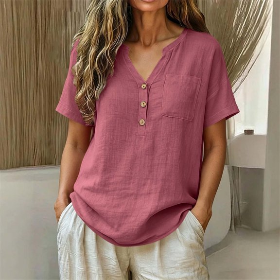Rciityk Women's T Shirts Cotton Linen V Neck Short Sleeve Tops Solid Color Loose Fit Summer Tunic Shirts with Chest Pocket