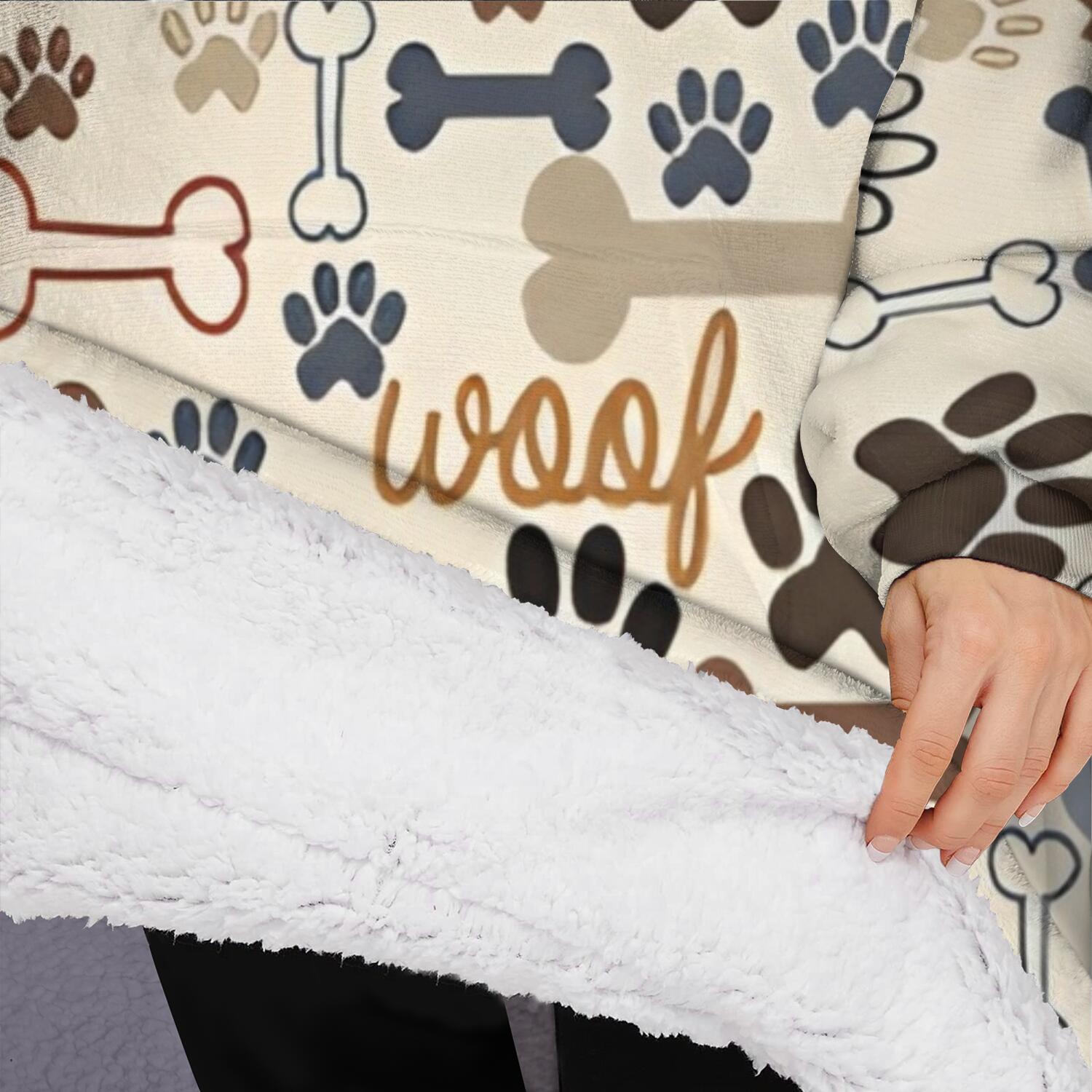 Oversized Wearable Blanket Hoodie,Paw Prints and Bones Sherpa Blanket Hoodie with Super Pockets,Super Warm Fuzzy Pullover for Women & Men