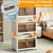 Storage Bins with Lids- 4 Tier Folding Storage box with Doors and Wheels, Collapsible Plastic Storage Bins for Closets, Stackable Storage Organizer, Storage Containers for Closet, White