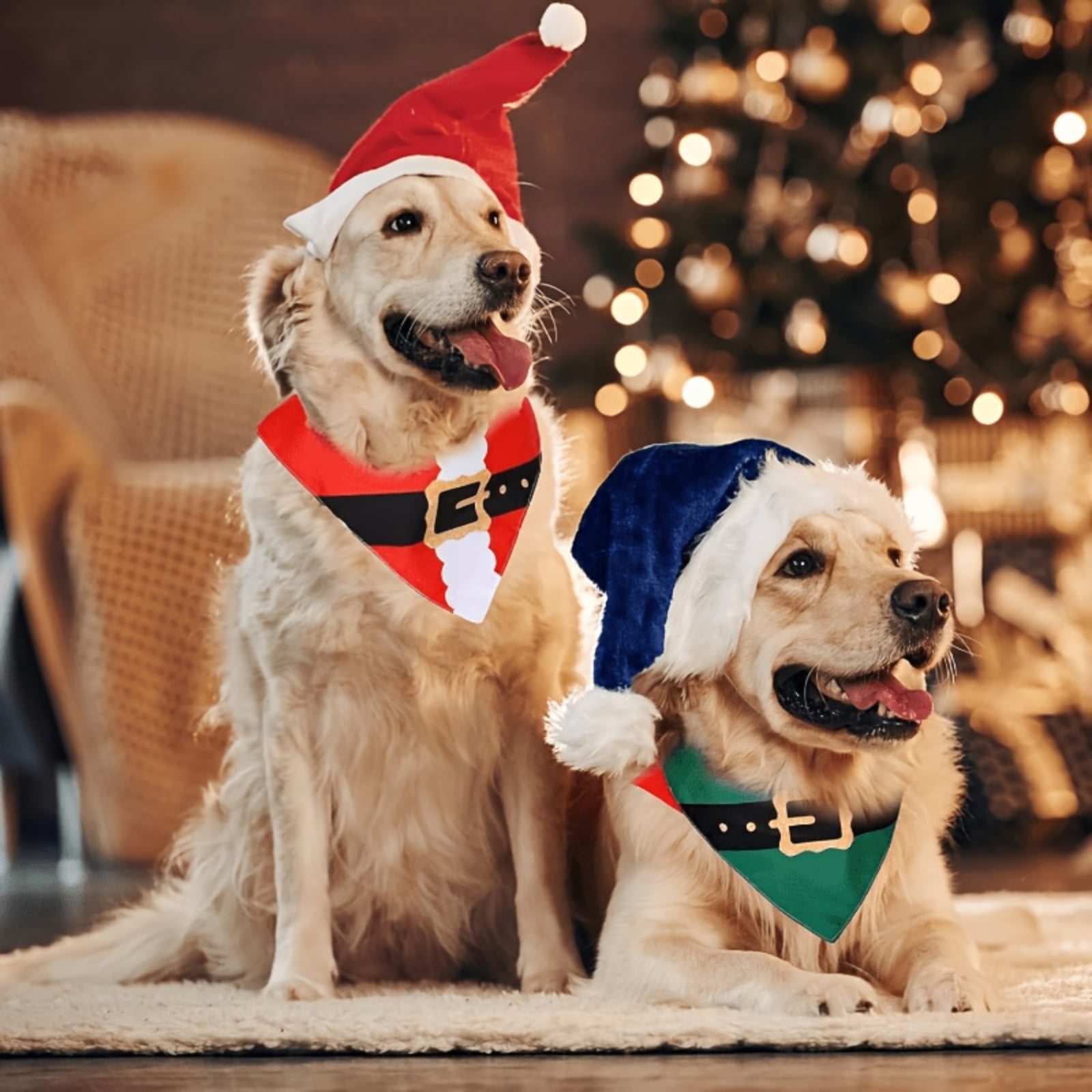 Christmas Pet Bandana Set with Adjustable Tie and Festive Prints 2-Pack Red and Green Elf and Santa Designs for Dogs and Cats Accessory