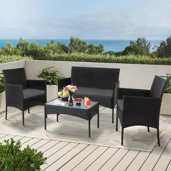 Tappio 4 Piece Patio Conversation Wicker Furniture Set, Porch Furniture Outdoor Sectional Furniture Set w/Side Table & Cushions, Wicker Sofa Garden Conversation Set for Yard Pool Backyard,Black/Gray