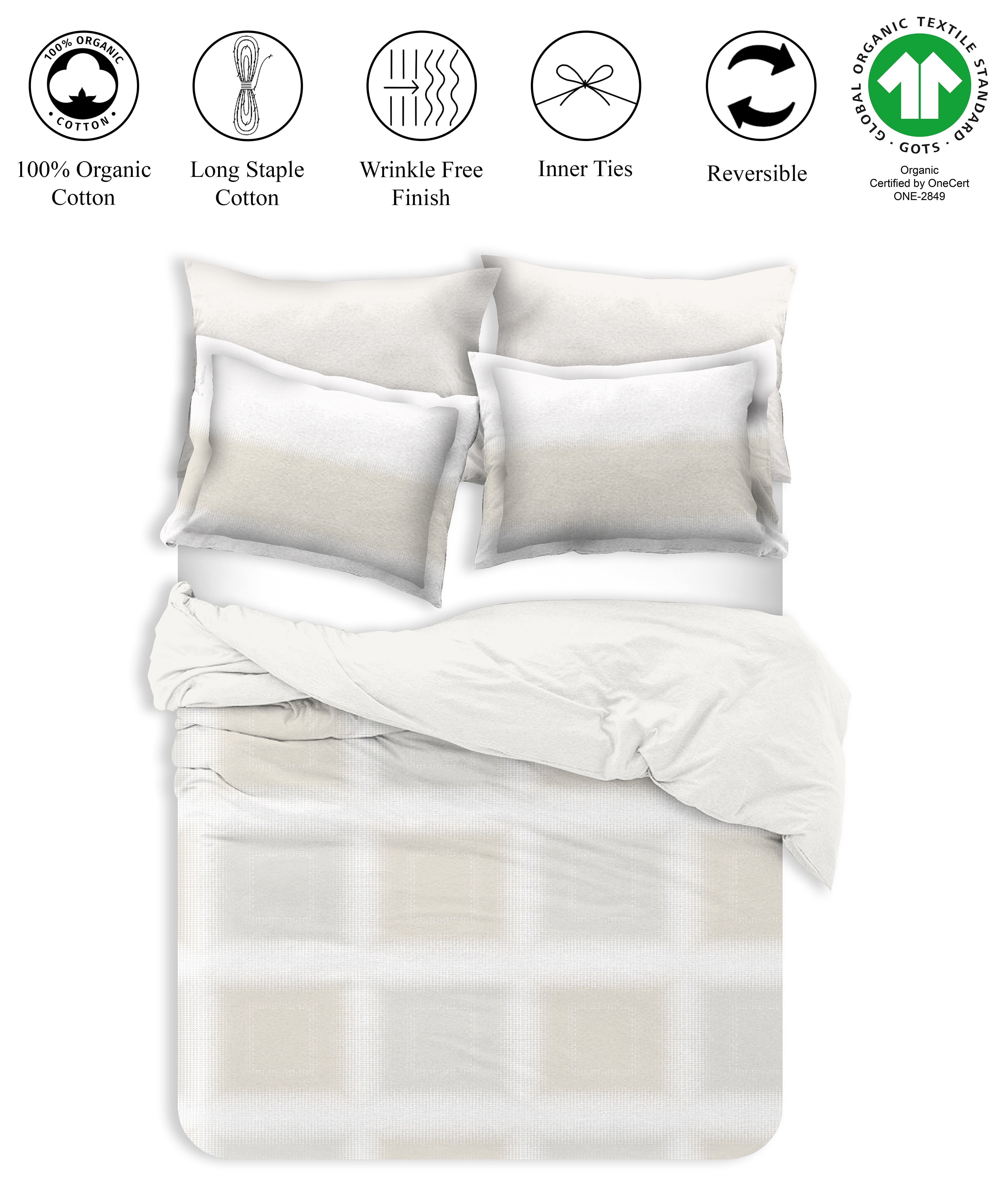 Delara GOTS Certified 100% Organic Cotton Check Reversible Print Duvet Cover and Sham Set of 2, Queen 88"X92", Beige
