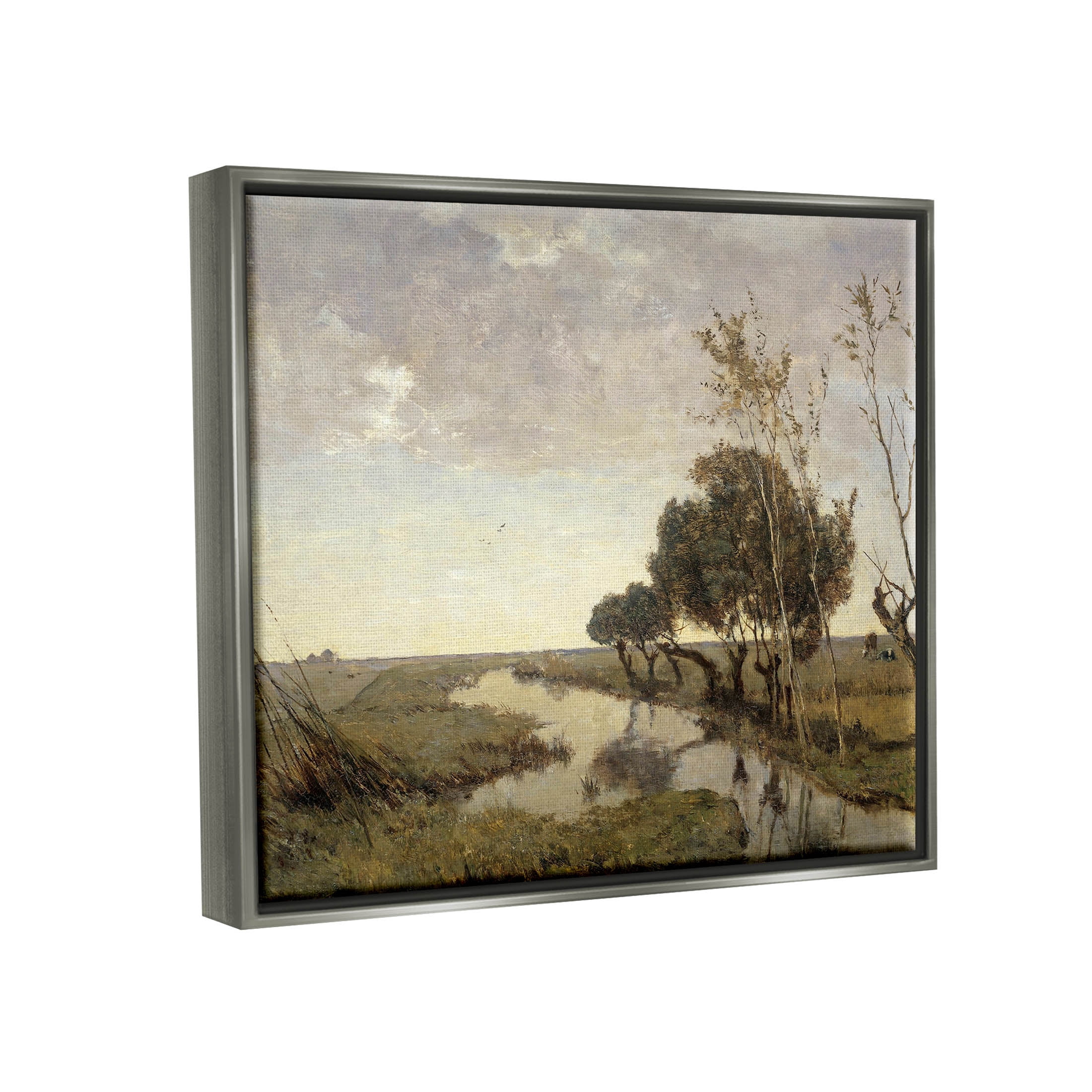Classic Stream Animals Grazing Landscape Painting Luster Gray Framed Art Print Wall Art
