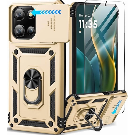 MUKO for Motorola Moto G 5G 2025 Case with Screen Protector & Slide Camera Lens Cover, Built-in 360Rotate Magnetic Ring Stand Shockproof Protective Phone Case for Moto G 2025 Case Gold