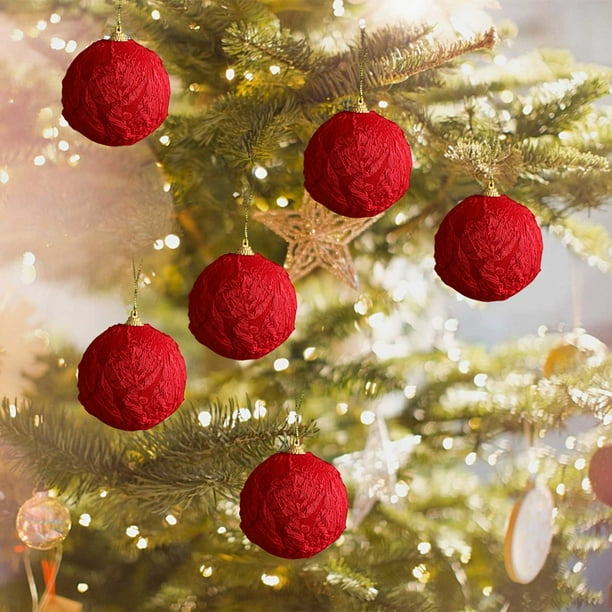 Bolas de espuma navideñas colgantes | Textura de tela estampada Stickys | Colores beige, rojo, blanco y gris | Esferas decorativas ligeras y duraderas de 8 cm para decorar árboles, ventanas,