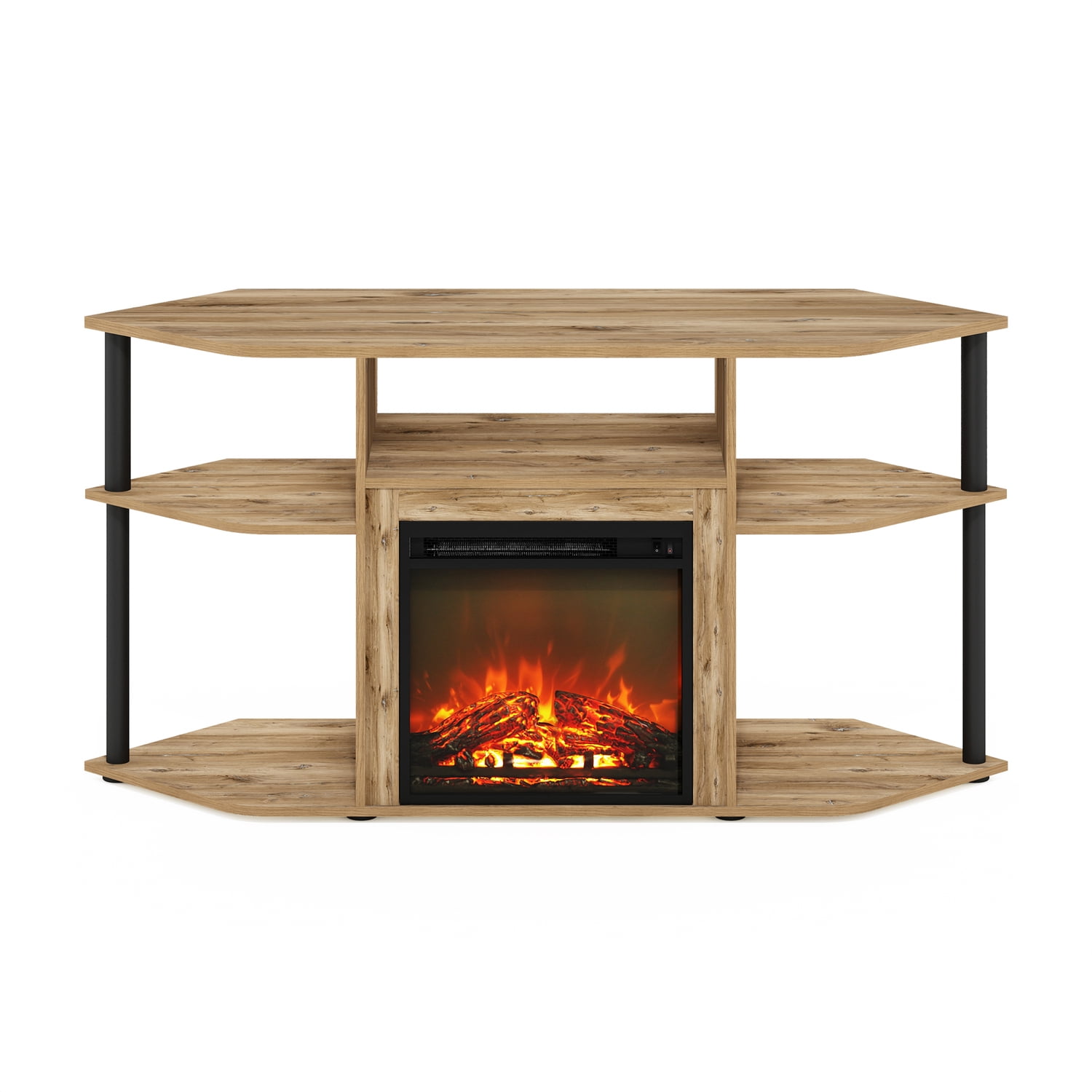 Corner TV Entertainment Center with Fireplace - Open Storage, 55 Inch TV Stand, Flagstaff Oak/Black