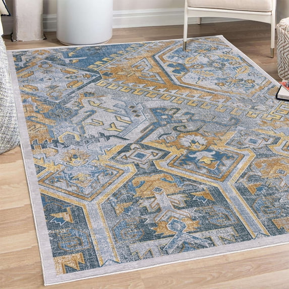 Ethnic Decorative Rug, Grunge Themed Abstract Artwork of Traditional Tribal Shapes and Ornaments, Quality Carpet for Bedroom Dorm and Living Room, 6 Sizes, Sea Blue, by Ambesonne