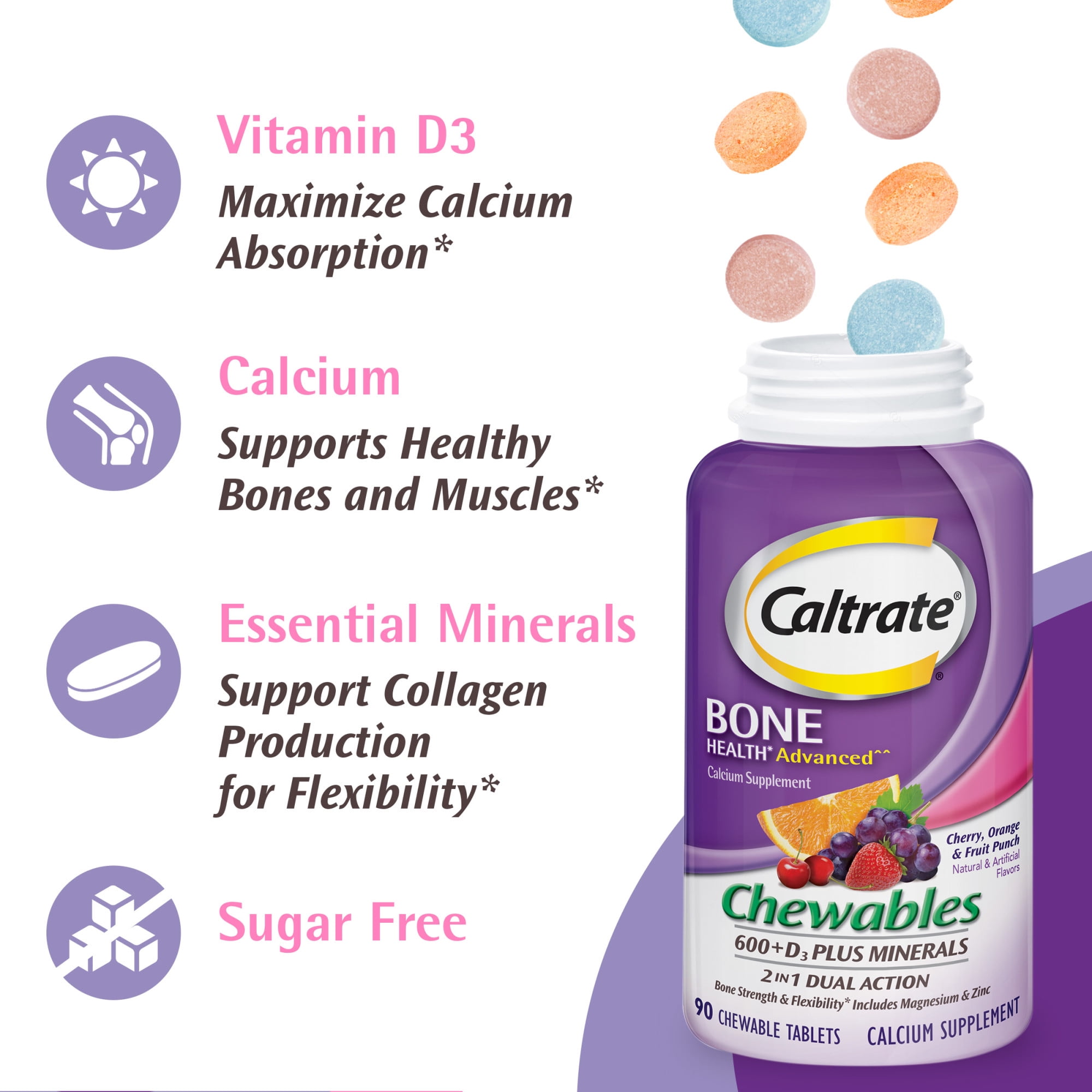 Caltrate Chewables 600 +D3 Plus Minerals Calcium and Vitamin D, Sugar Free, Cherry, Orange and Fruit Punch, 155 Count