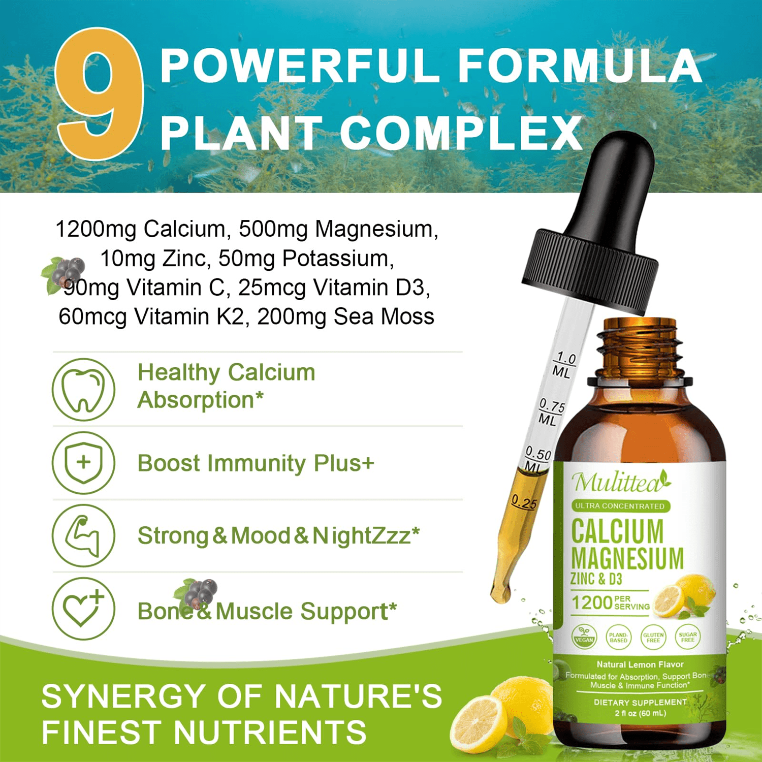 Calcium Magnesium Zinc Liquid with Vitamin D3, Magnesium Glycinate Drops Plus Vitamin C K2, High Absorption Plant Calcium Supplement for Heart & Bone, 60 Servings, Lemon Flavor