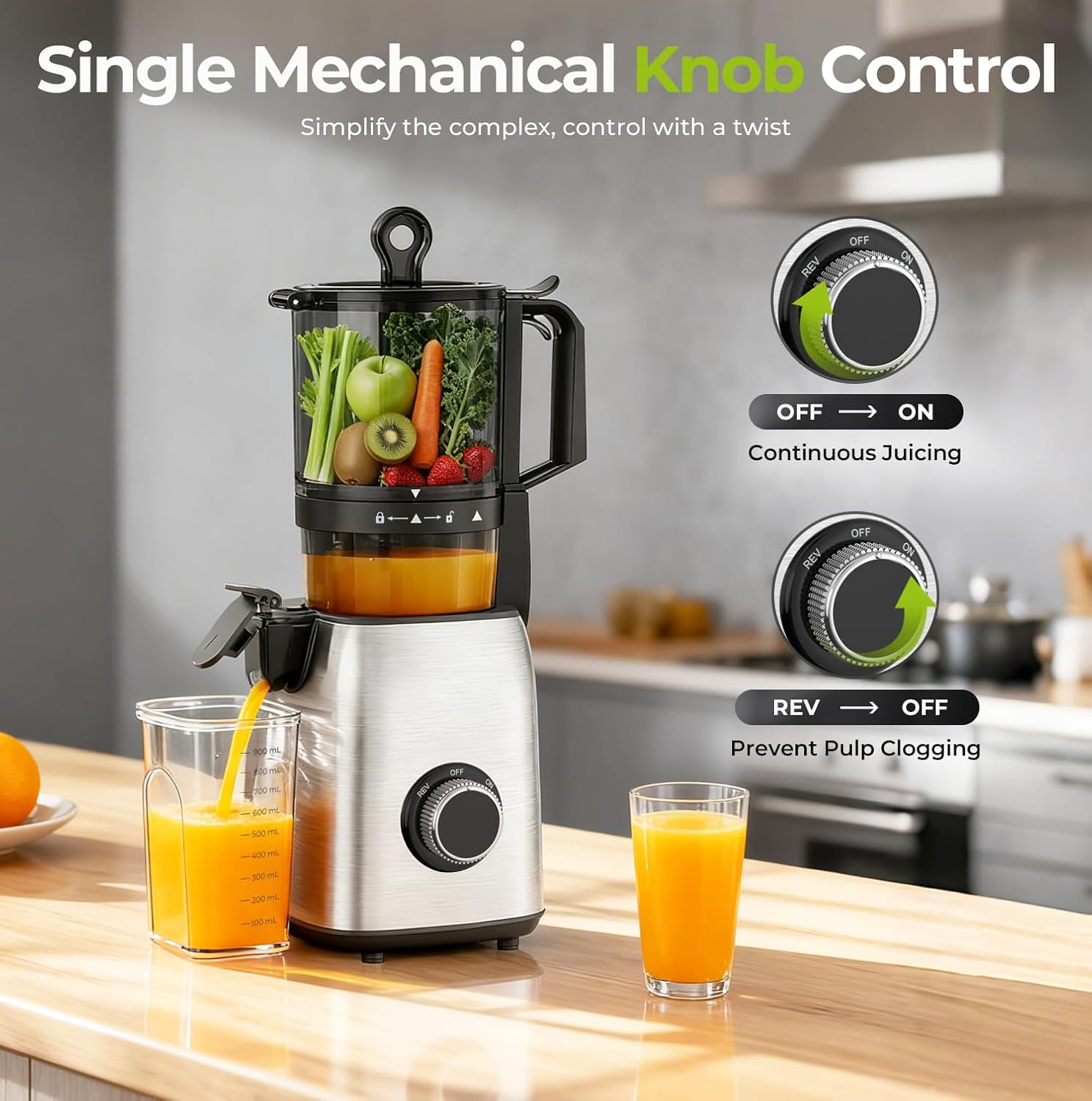WAA 300W Cold Press Juicer 5.4" Extra Wide Feed Chute,98% High Yield,Compact Easy Clean for Whole Vegetables & Fruits