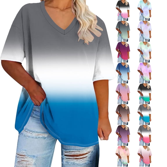 2026 Summer Fashion Plus Size Womens Oversized V-neck Short Sleeved Solid Base Shirt Sports T-shirt Casual Tops