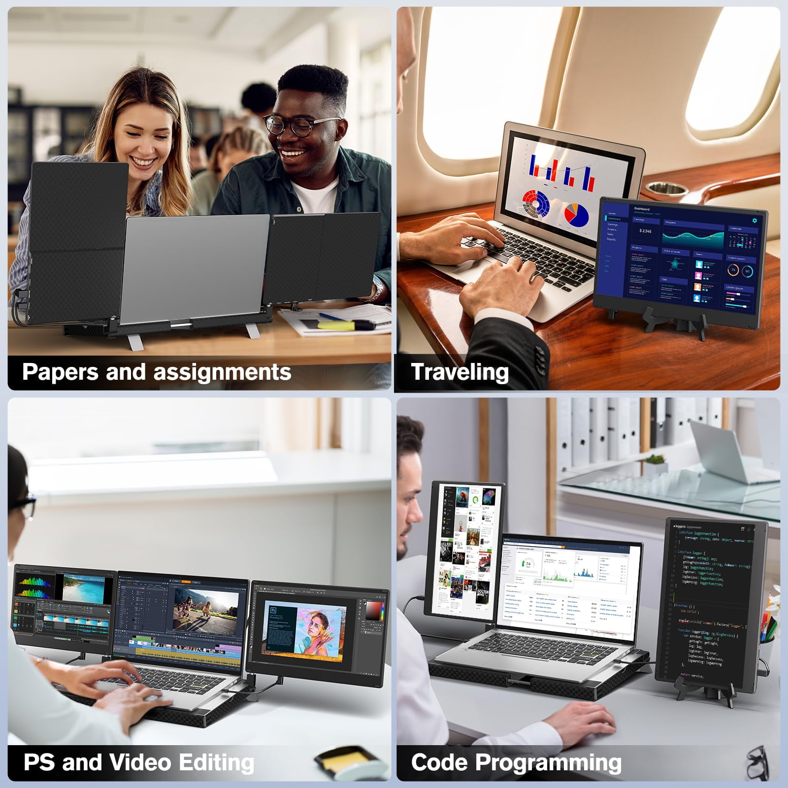 FORKA Laptop Screen Extender Portable - 14" Monitor IPS FHD 1080P HDMI USB-C Triple Detachable Display for 12-17.3 Inch Laptops Compatible with Windows Mac Chrome Surface Metal Base Travel Work Setup
