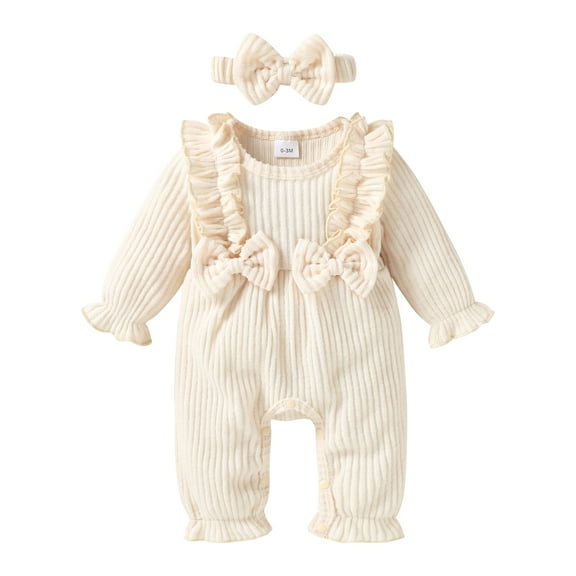 Happy Town Toddler Baby Girl Romper 0-18M Fall Winter Long Sleeve Ruffle Floral Jumpsuit With Headband Infant Romper