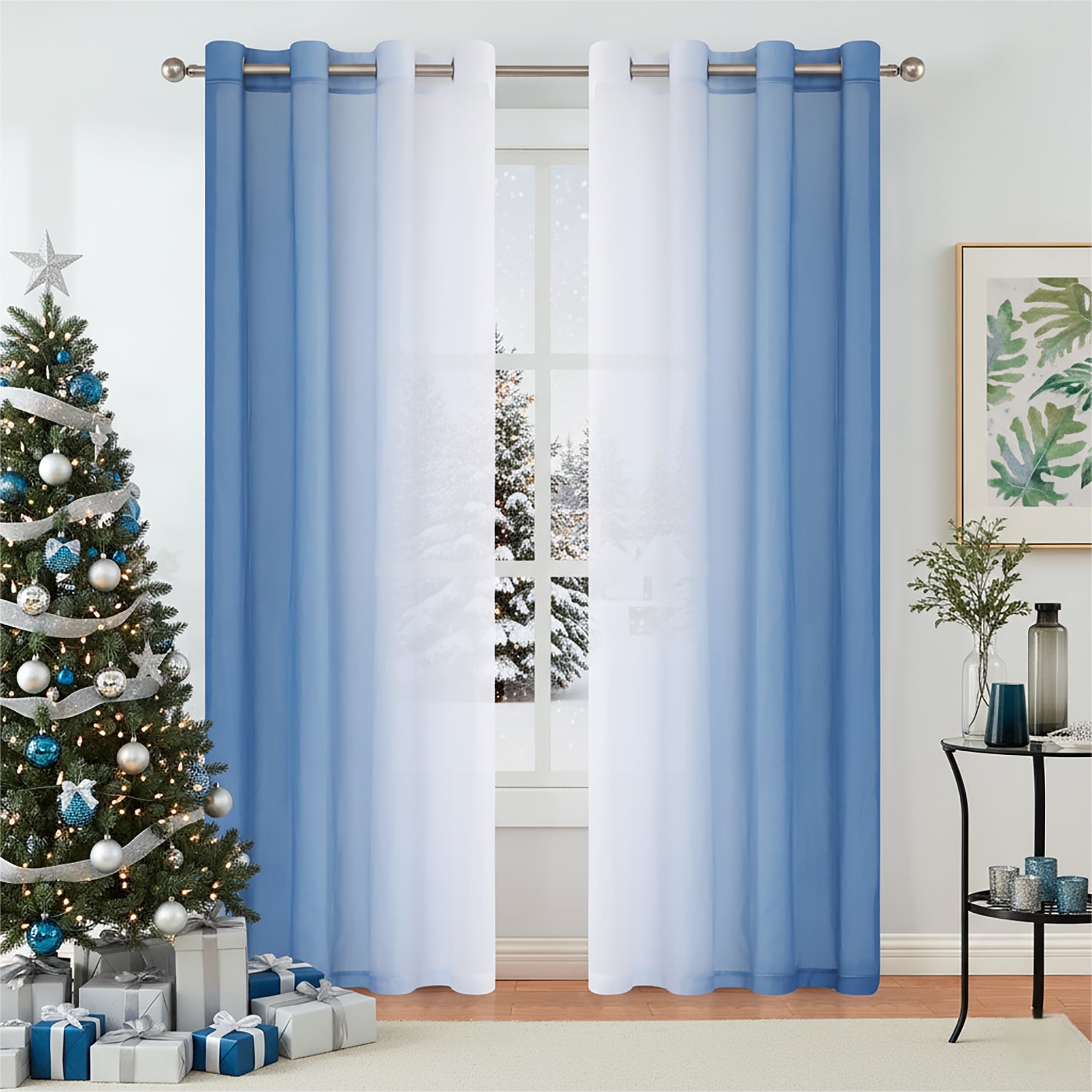 Junvictex Blue Ombre Crushed Chiffon Sheer Curtains 52"Wx84"L for Bedroom Living Room Decor, Set of 2 Crinkle Curtain Panels,Grommet