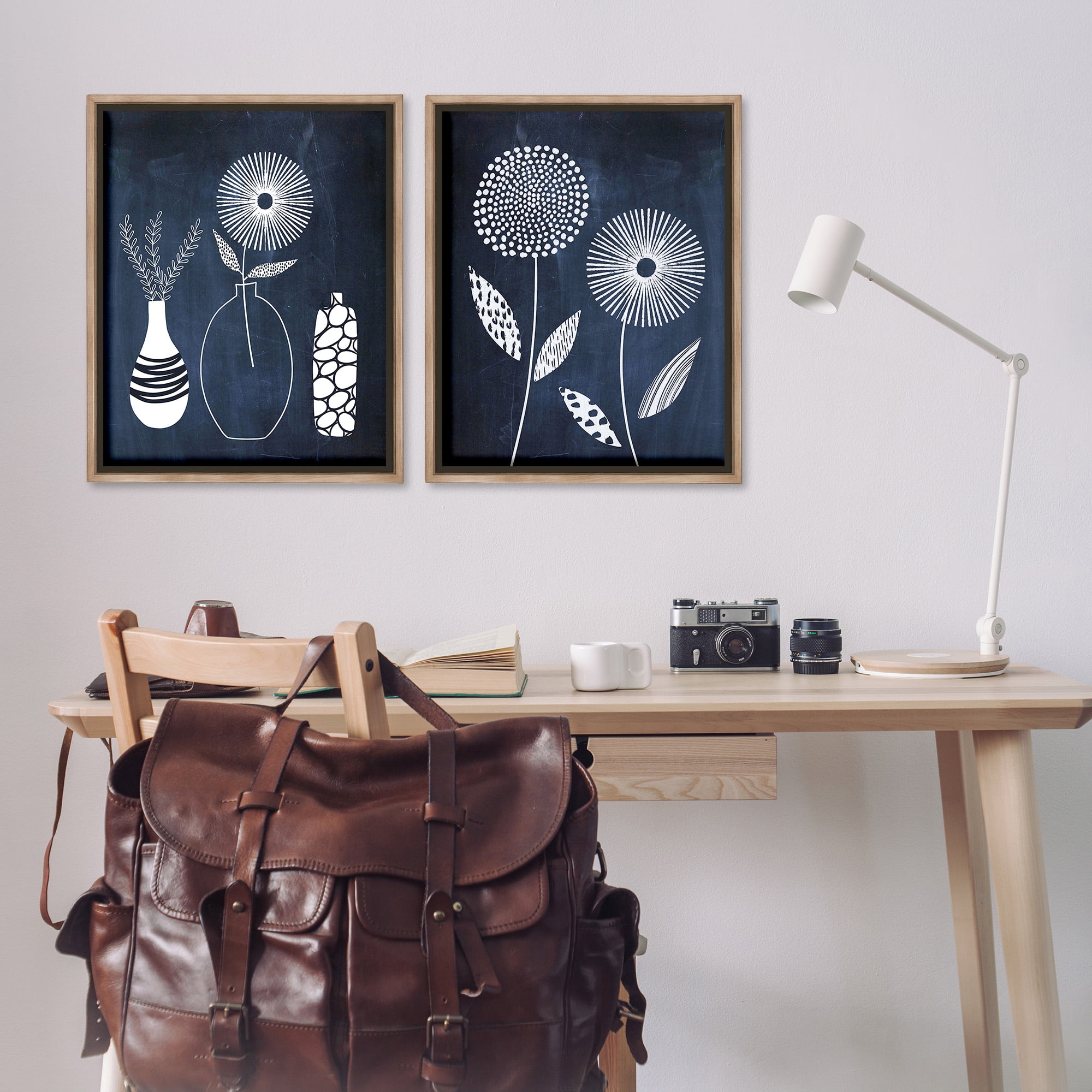 Stupell Industries Structured Flowers on Blue Botanical & Floral Painting Brown Floater Framed Canvas Art Print Wall Art, 25 x 31, Set of 2