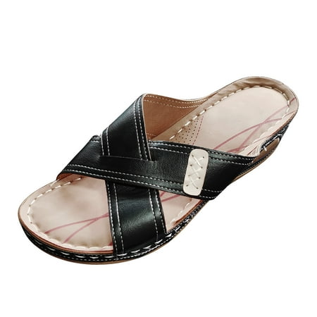 

Womens Flat Sandals Solid Color Slip On Peep Toe Wedges Beach Sandal Black 37