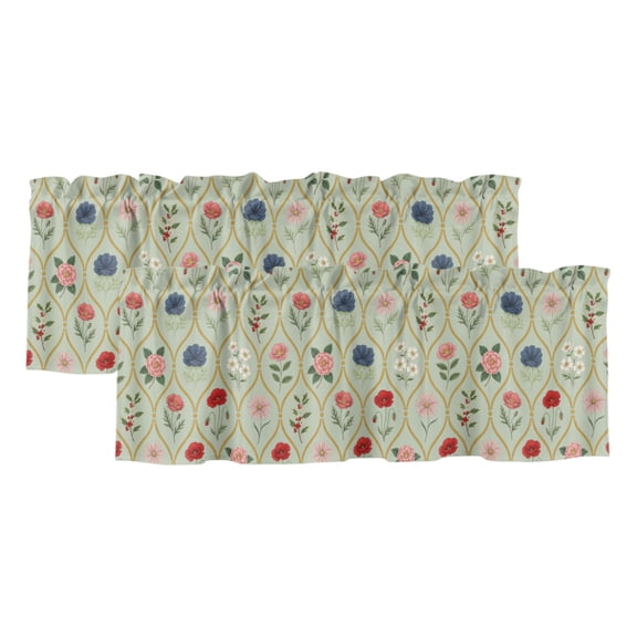 Floral Valances for Window 2 Pack, Green Background French Style Cottagecore Vintage Rod Pocket Curtains Valances Light Filtering Short Curtains for Kitchen Bedroom Bathroom 42 x 12 Inch