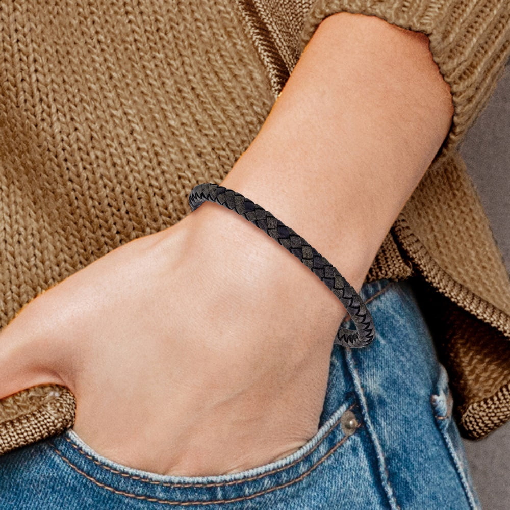 Diamond2Deal Stainless Steel Brushed and Polished Black Woven Leather Bracelet for Men 8.5"