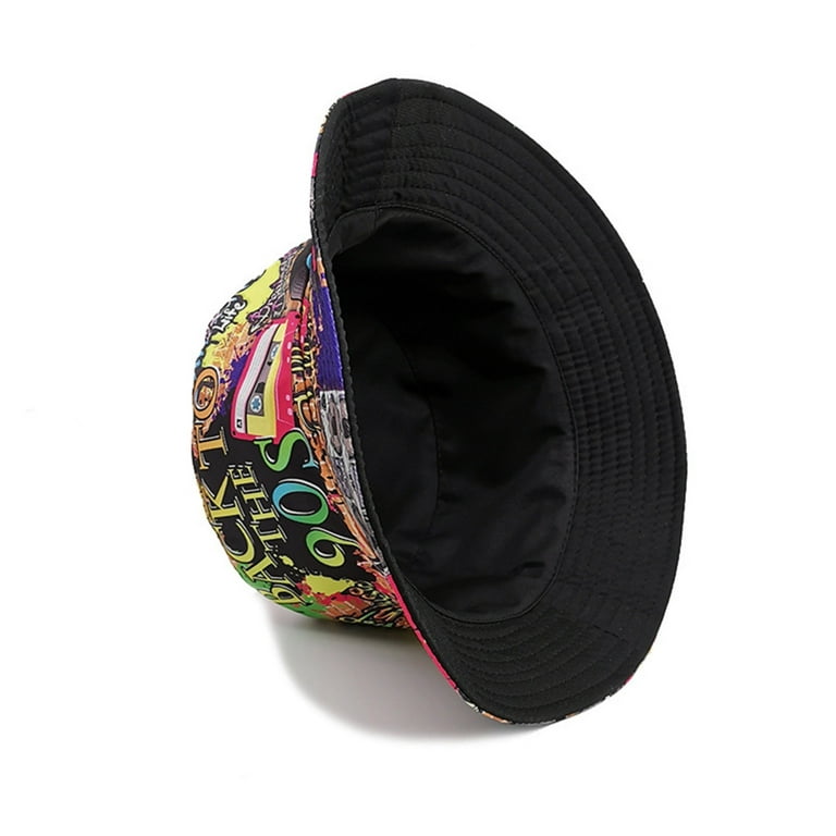 MINGPAI 80s 90s Vintage Fishing Hat for Women Men Breathable Colorful Print  Cap Sun Protective Hat Double-side Hiphop Bucket Hat