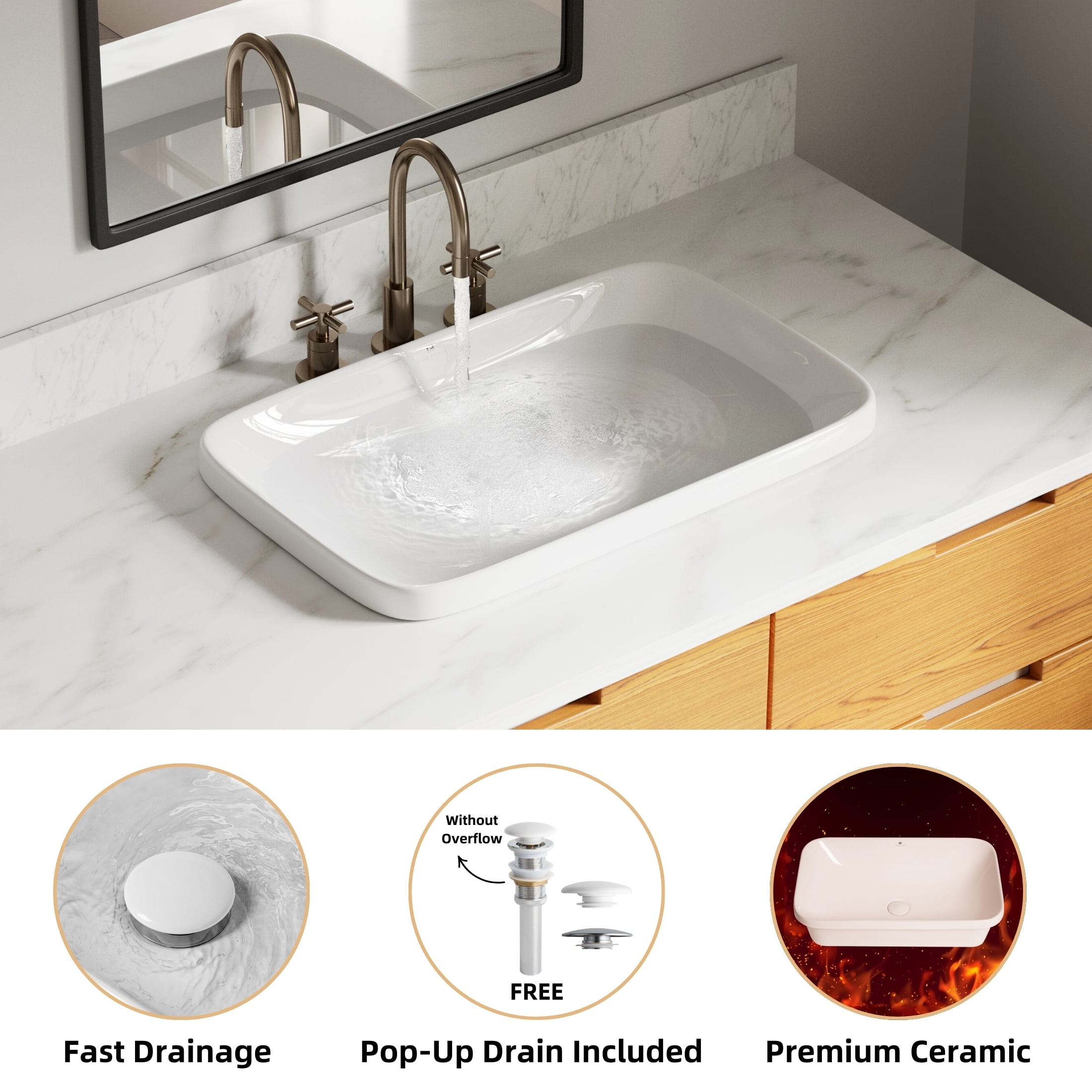 Los Flexi 24″ x 15″ Rectangular Drop In Bathroom Sink, Semi-Recessed Bathroom Sink Without Overflow, Pop-Up Drain Included