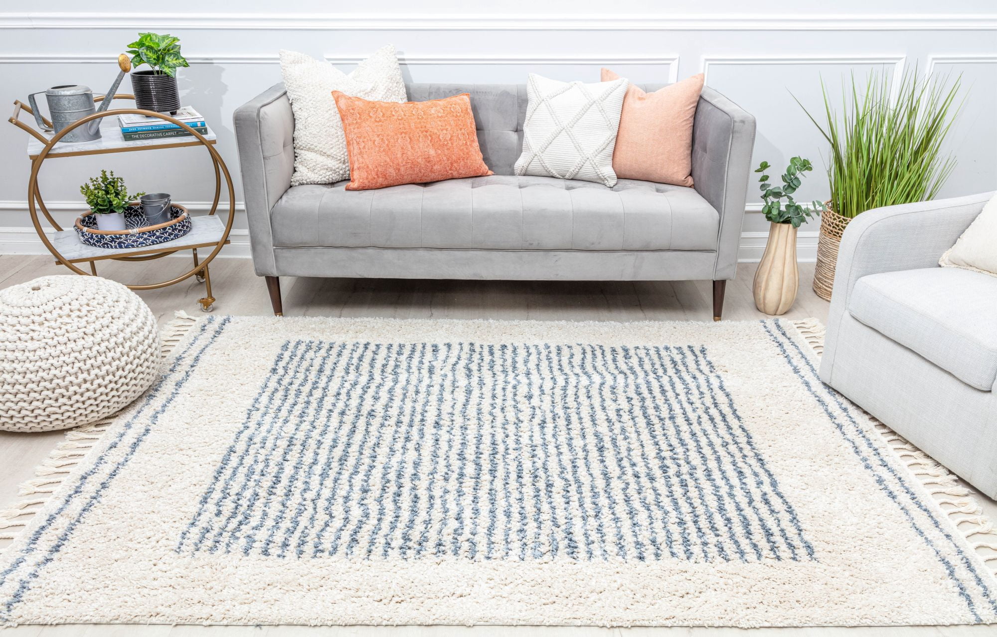 Rugs America BT35B Ice Frost Stripe Shag White Area Rug, 2'6" x 4'