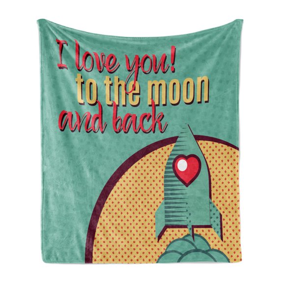 I Love You Soft Flannel Fleece Blanket, Rocket Flying to the Space with Love Fuel Cosmic Journey Illustration, Cozy Plush for Indoor and Outdoor Use, 70" x 90", Turquoise Red Mustard, by Ambesonne