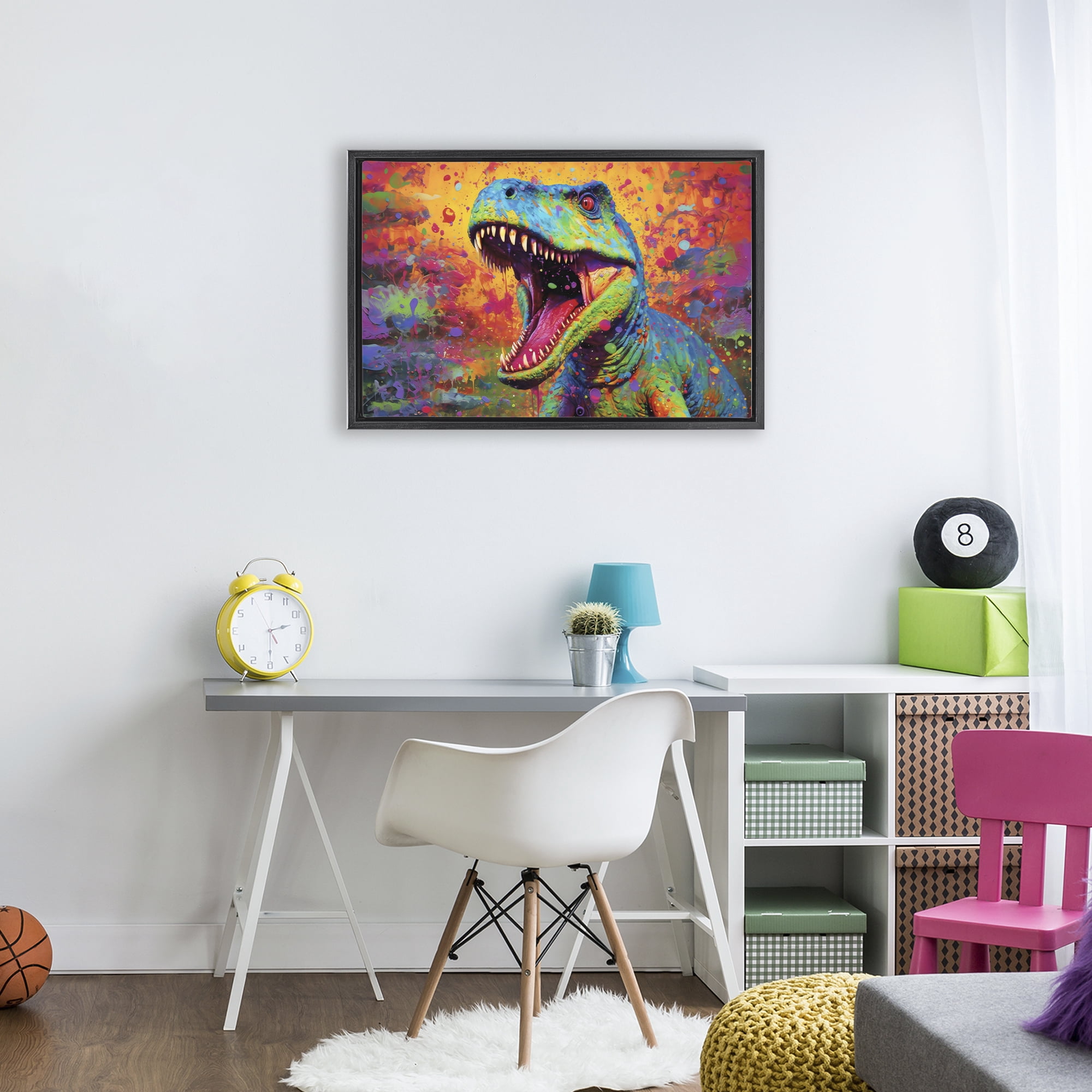 Stupell Industries Colorful T-Rex with Splatter Black Framed Floater Canvas Wall Art, design by Creative Studio
