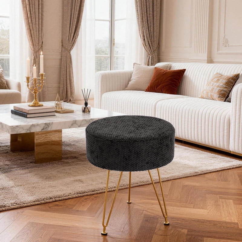 Gianna Round Ottoman, Makeup Cute Soft Small Footstool, Modern Style Faux Fur Seat with 3 Metal Legs for Dressing, Living Room Bedroom Dorm, Black