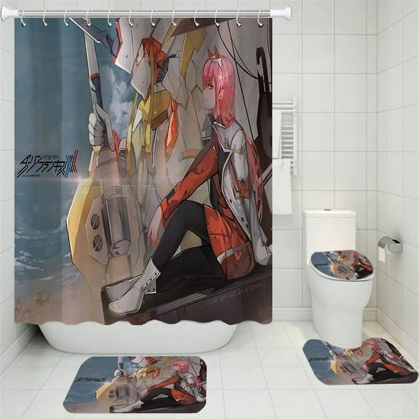 4 Piece Cute Anime Girl Shower Curtain Sets For Bathroom With Non-slip Rugs  And 12 Hooks, Darling In The Franxx 02 Durable Waterproof Bathroom Decor S  