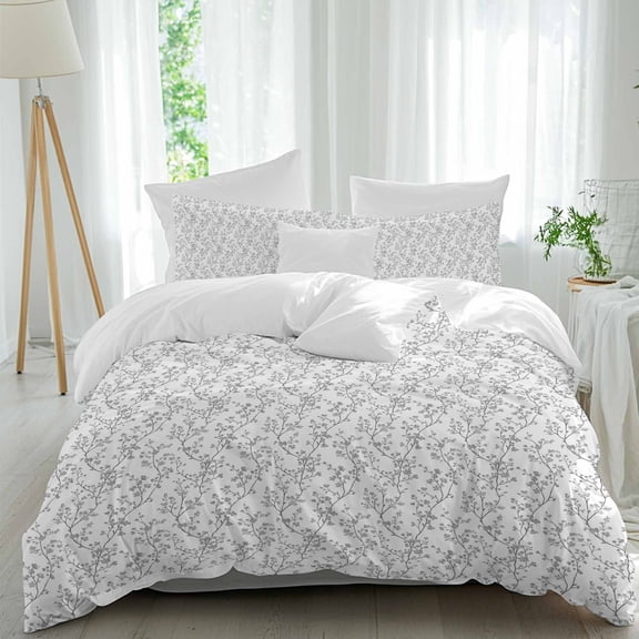 3 Piece Gray Spring Floral Duvet Cover Set Full Size, Microfiber Comforter/Quilt Cover with Corner Ties and 2 Pillowcases, Summer Botanical Watercolor All Season Soft Bedding with Zipper Closure