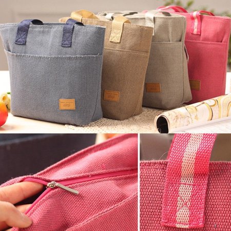 Portable Insulated Lunch Box / Cooler Bag - Cotton Linen Picnic Tote For Work Or Outdoor - 21x12cm
