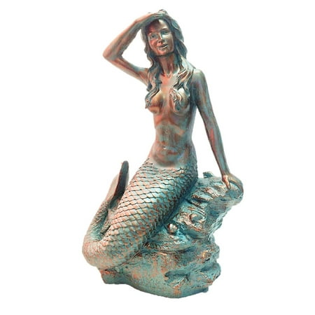 Homestyles 22 in. Bronze Patina Classic Mermaid Sitting on Coastal Rock Looking Out to Sea Beach Nautical Extra Large