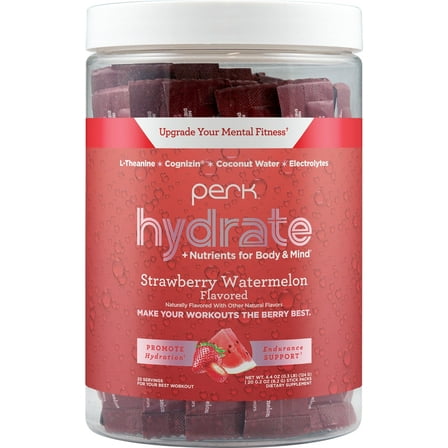 Perk Hydrate Electrolyte Stickpacks Strawberry Watermelon Flavored (20 Packets) - Coconut Water, CDP-Choline, L-Theanine, Gluten-Free
