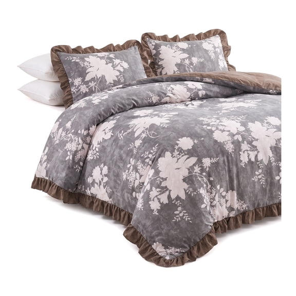Unbranded Queen Comforter Set, Ruffle Floral Bedding Set, 5 Pieces, Brown Vintage Botanical Print, Farmhouse Cottagecore, Soft Lightweight Flowers Comforter, All Season, Pillowcases & Pillows