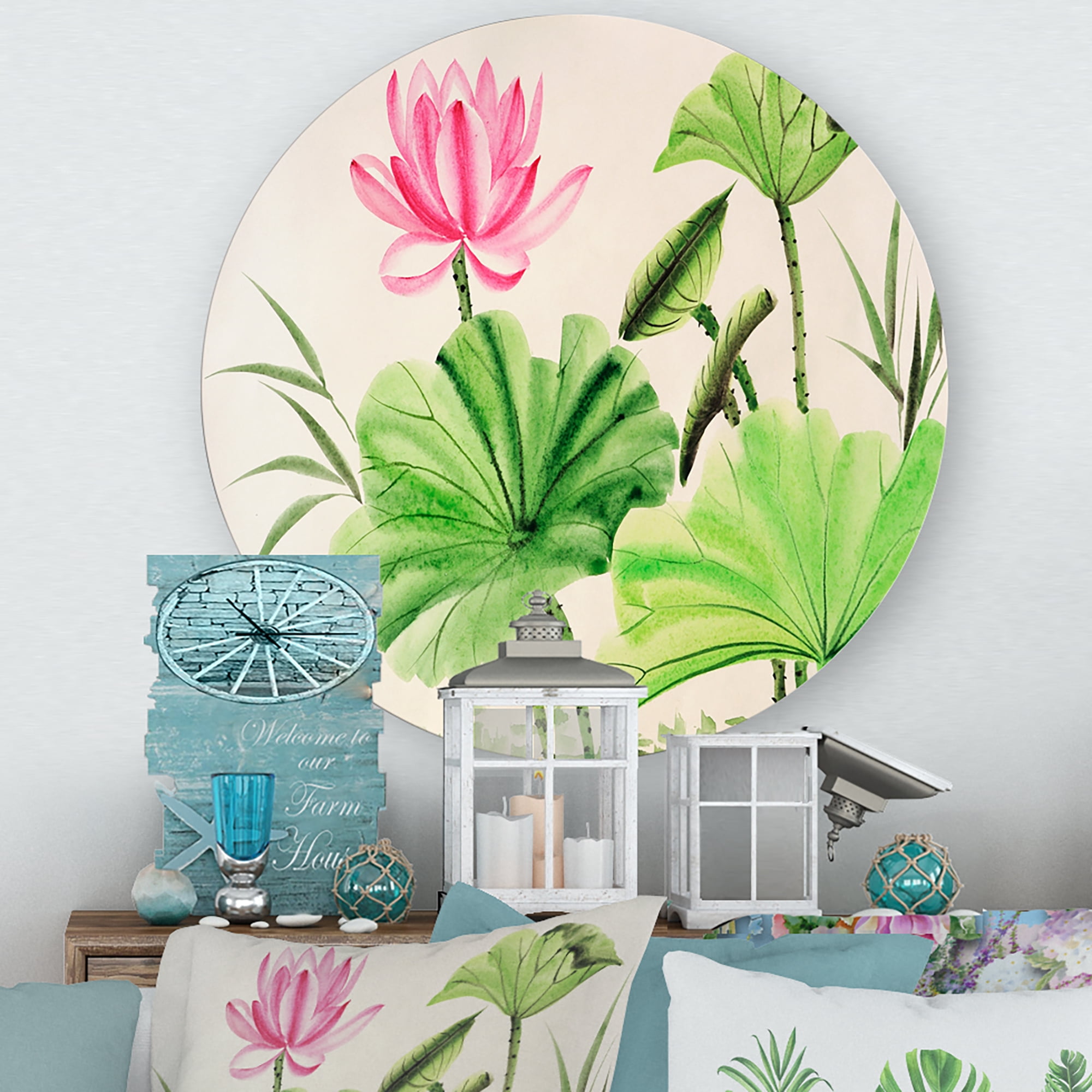 Designart 'Ancient Pink Lotuses In The Pond V' Traditional Circle Metal Wall Art 11x11 - Disc of 11