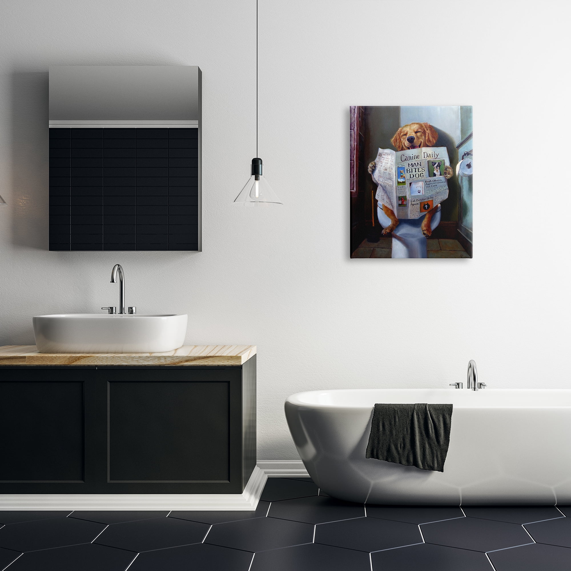 The Stupell Home Decor Collection Dog Reading the Newspaper On Toilet Funny Painting Oversized Stretched Canvas Wall Art, 24 x 1.5 x 30