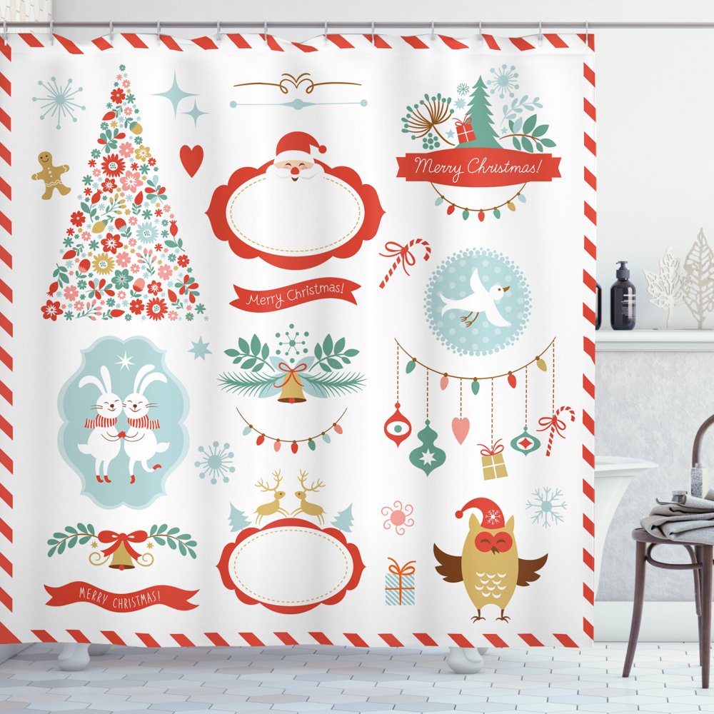 Kids Christmas Shower Curtain, Cheerful Celebration of Yuletide Theme