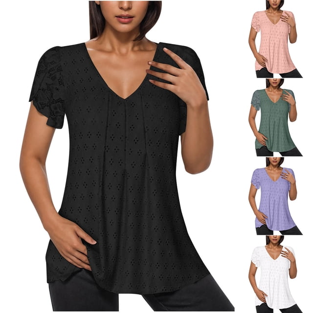Fanxing Womens V Neck T Shirts Short Sleeve Shirt Loose Fit Tunic Blouses Trendy Solid Color Basic Tees Green,M