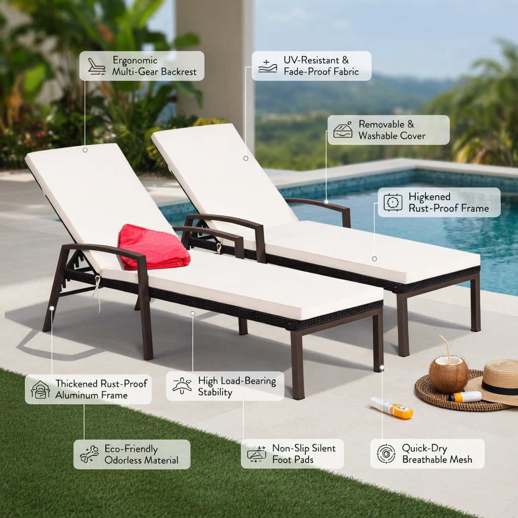 Hommoo 2-Pack Outdoor Rattan Reclining Chaise Lounge Chairs with Removable Cushions, 5-Position Adjustable Backrest, Weather-Resistant Patio Seating, Turquoise