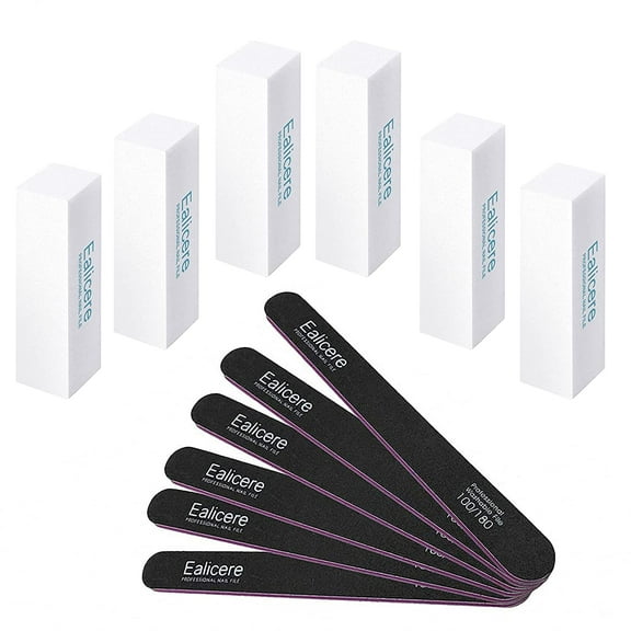 Professional Nail File and Buffer for Acrylic Nails,Fingernail File and Buffer Kit with 6 Black Nail Files 100/180 grit, 6 White Nail Buffer Blocks,Washable and Reusable,for Nail Grinding Polishing