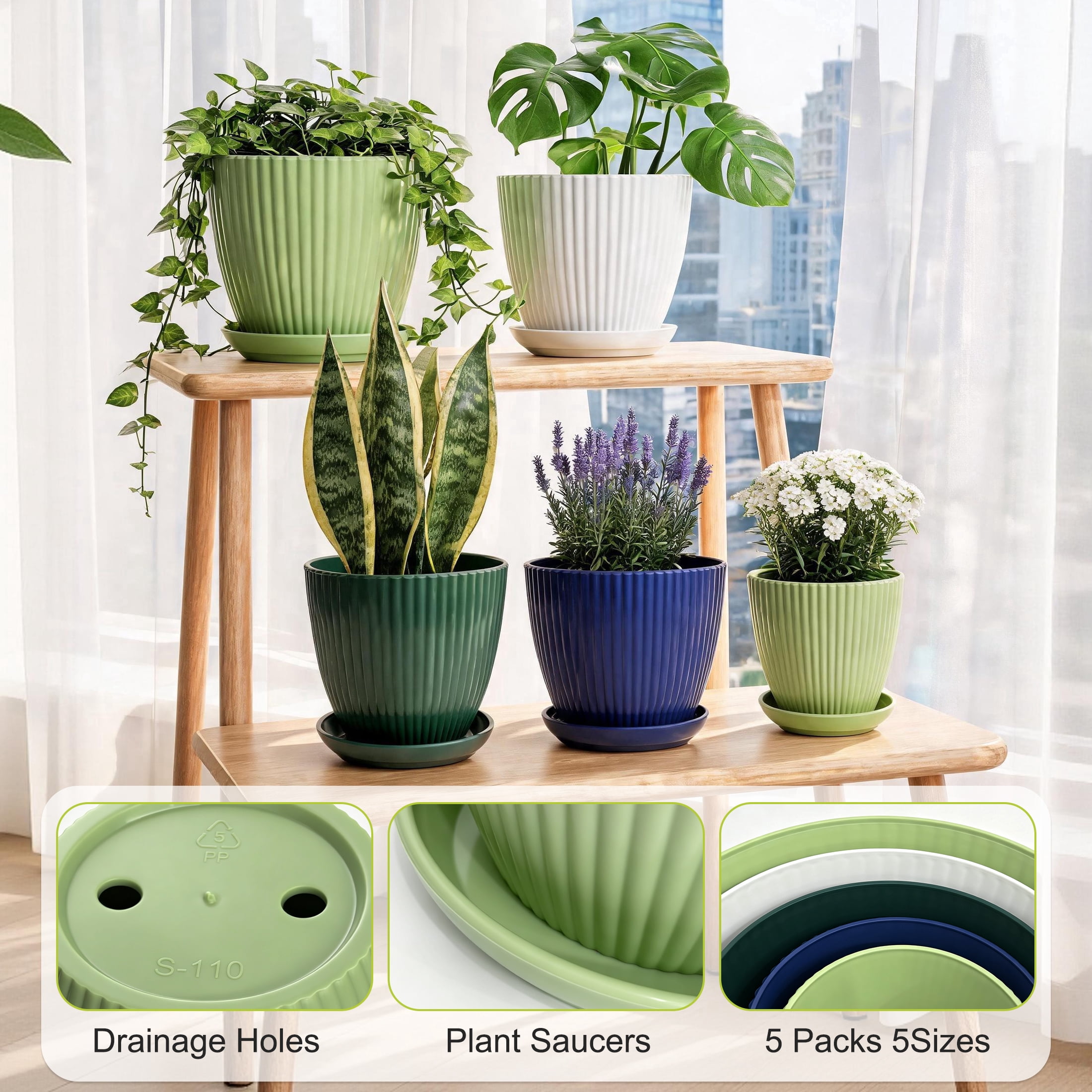 5 Pack Plastic Plant Pots with Drainage Holes and Saucers, Multi Size Indoor Planters, Vertical Ribbed Flower Pots for Succulents, Herbs, House Plants