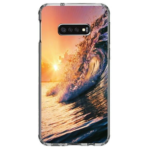 DistinctInk Clear Shockproof Hybrid Case for Samsung Galaxy S10e (5.8" Screen) - TPU Bumper, Acrylic Back, Tempered Glass Screen Protector - Ocean Wave Sunset