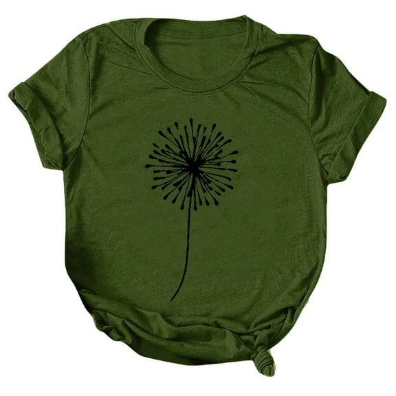 MIXUE Womens Summer Tops Dandelion Print O Neck Short Sleeve Loose Casual Shirts For Women Tshirts Outwear,Green,XL