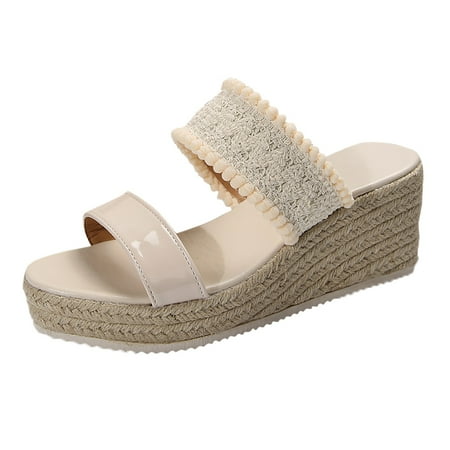 OJSFQUFP Womens Sandals Women s Summer Fashion Woven Open Toe Wedges Casual and Comfortable Outdoor Slippers Slipper Shoes for Women Beige 40