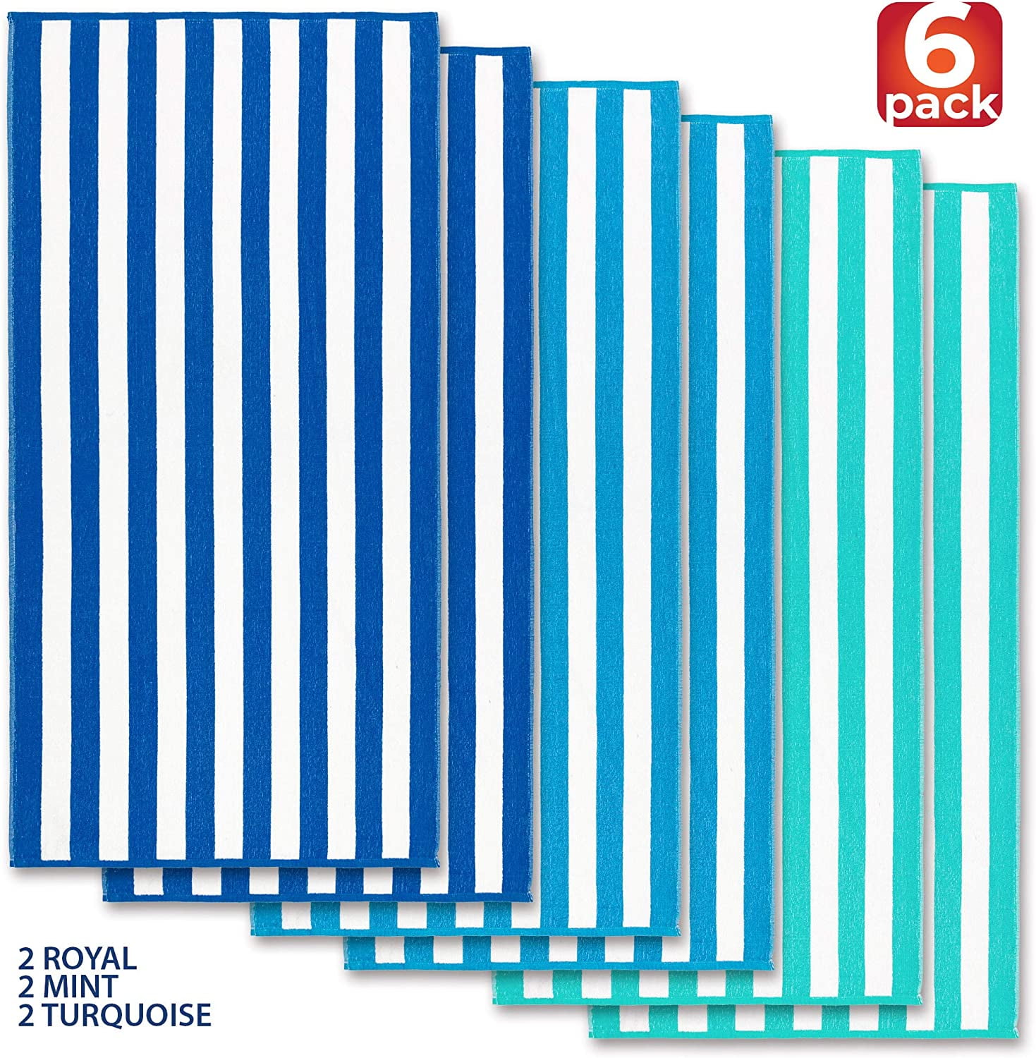 Beachland Classic Cabana Stripe Beach Towel - 30 x 60 inch - Soft Cotton Terry Resort Style Perfect for Beach and Pool (Royal-Tur-Mint, 6 Pack)