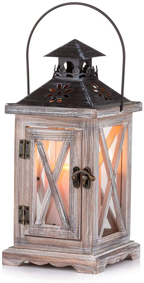 Wooden Decorative Lantern Vintage Rustic Hanging Metal Pillar Candle Holder 