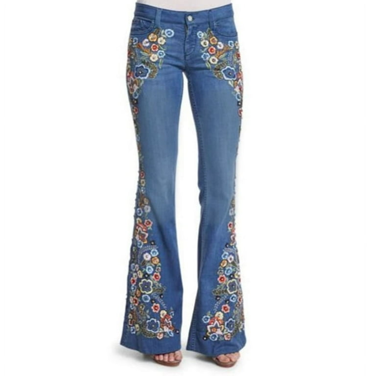 Liveday Women Jeans High Rise Bell Bottom Flare Jeans Floral Embroidered Broad Feet Long Denim Pants For Women New