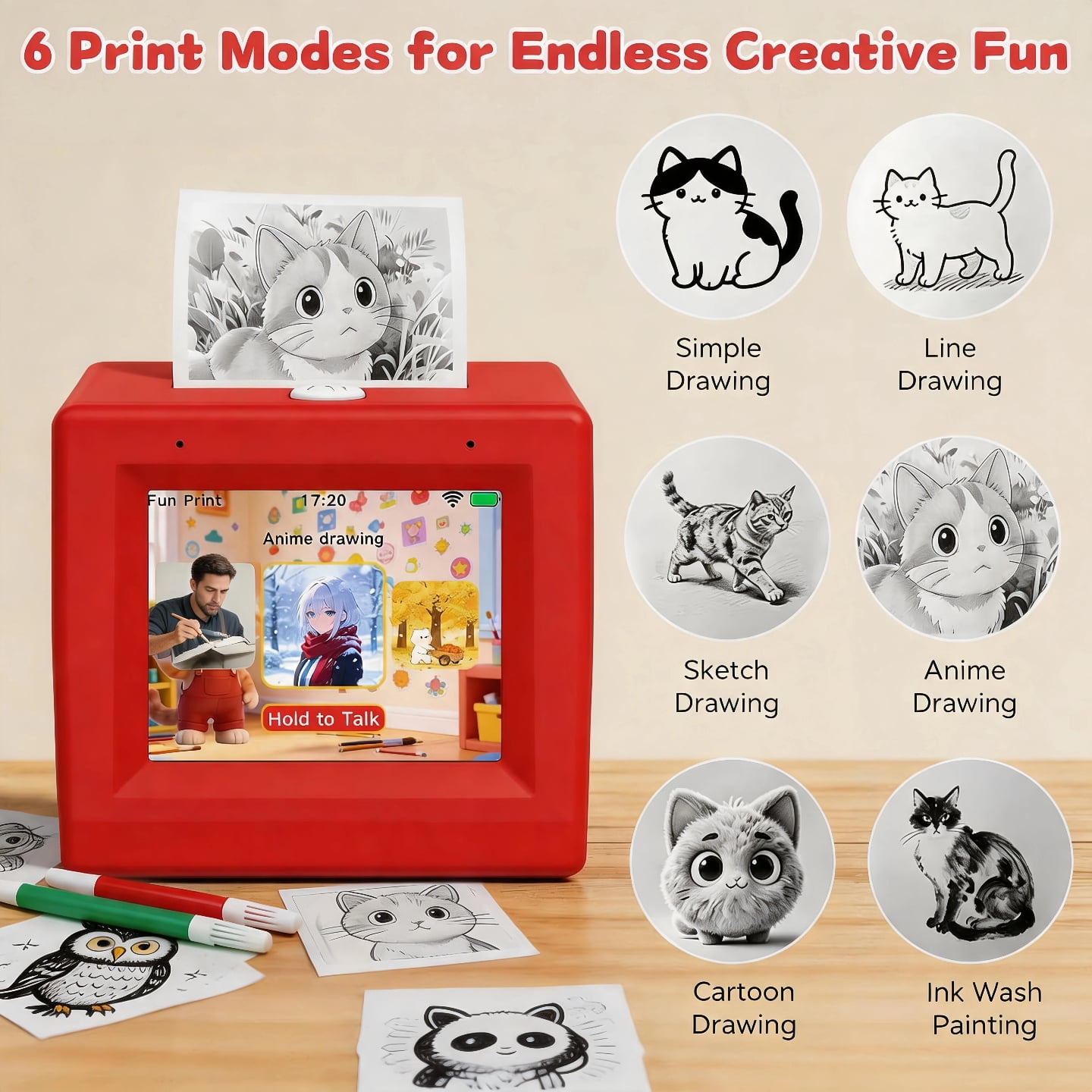 AI Mini Thermal Printer with Screen, Rechargeable Voice-to-Image Bluetooth Sticker Printer, Portable Inkless Pocket Printer for Journaling, DIY Labels, Notes & Creative Printing